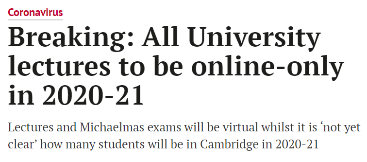 剑桥取消新学年面授课进至21年夏季，成英国首所全学年网络授课大学